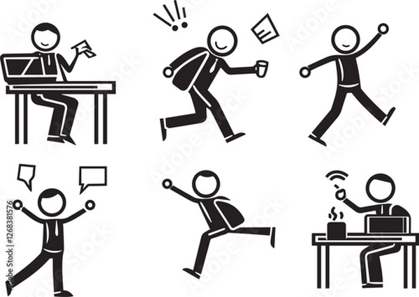 Fototapeta A set of black and white vector icons depicting various work life scenes