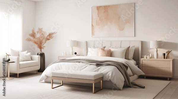 Fototapeta A luxury bedroom with a neutral color palette, soft linens, and minimal d?(C)cor with white background.