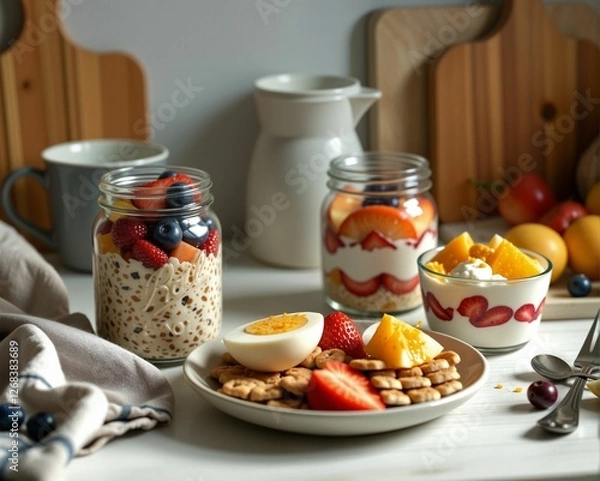 Fototapeta A vibrant breakfast scene featuring oatmeal jars, yogurt parfaits, fresh fruits, and a plate of crackers alongside a cup and a pitcher.