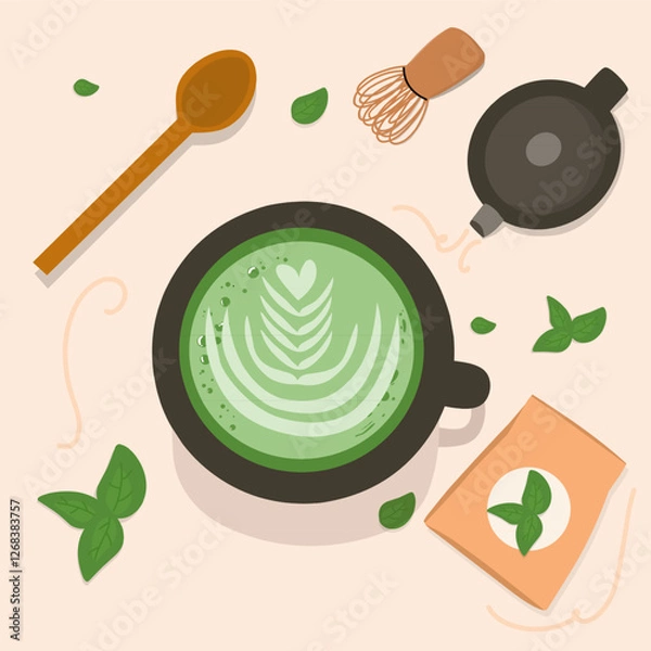 Fototapeta Vector ilustration set of drink Cup of matcha tea or green tea 