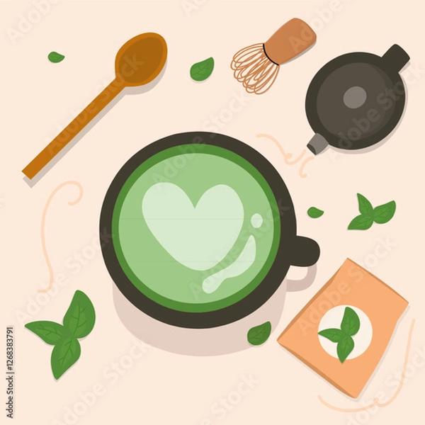 Fototapeta set of icons Cup of matcha tea or green tea Japanese drink vector 
