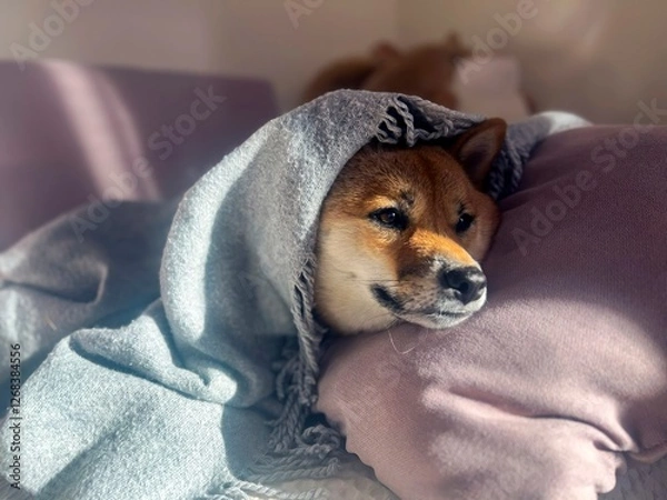Fototapeta Pensive Shiba Inu with a sorrowful expression, head nestled under a blanket. The mood is reflective and contemplative. High quality close-up photo. copy space available.