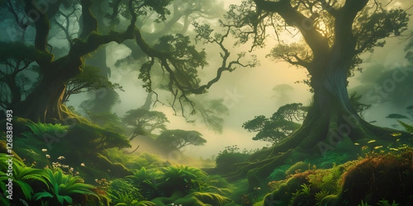 Fototapeta A breathtakingly beautiful nature background featuring a majestic, serene, and intriguing scene that exudes tranquility, with lush greenery, towering trees, created by generative ai