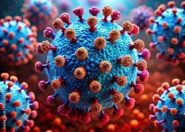 Fototapeta Microscopic view reveals intricate red and blue structure of the COVID-19 virus; science photography at its finest.
