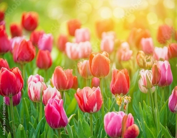 Fototapeta 屋外に咲いている赤とピンクの複数のチューリップ