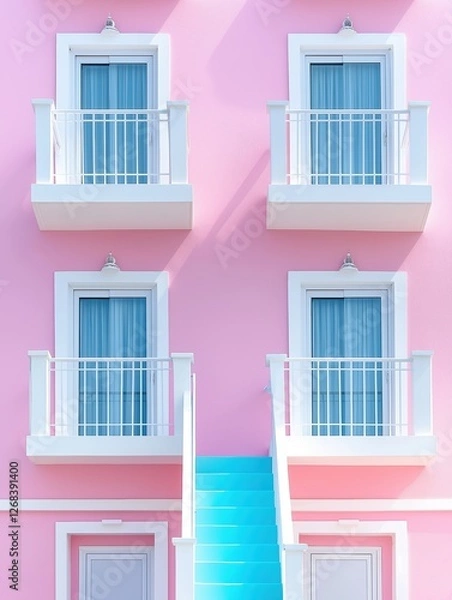Obraz Symmetrical pink building with blue staircase and balconies