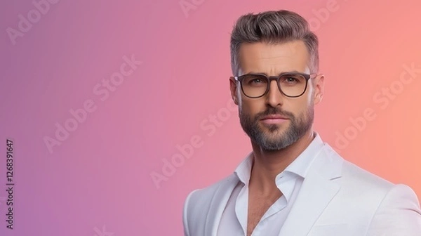 Fototapeta Confident man in white suit with glasses against gradient background