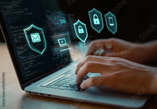 Obraz Close-up of Hands Typing on Laptop with Floating Digital Security Icons Representing Cyber Protection
