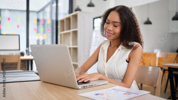 Obraz Focused woman using a laptop in a contemporary office environment.