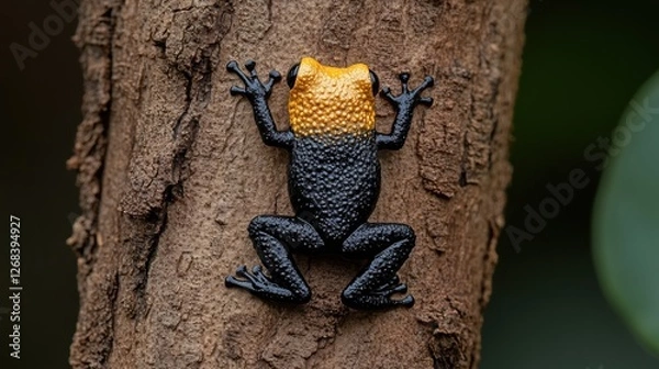Fototapeta Bright black-and-orange frog on tree trunk in natural habitat