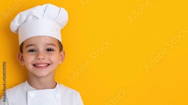 Obraz Cheerful little chef in white uniform and hat against bright yellow background