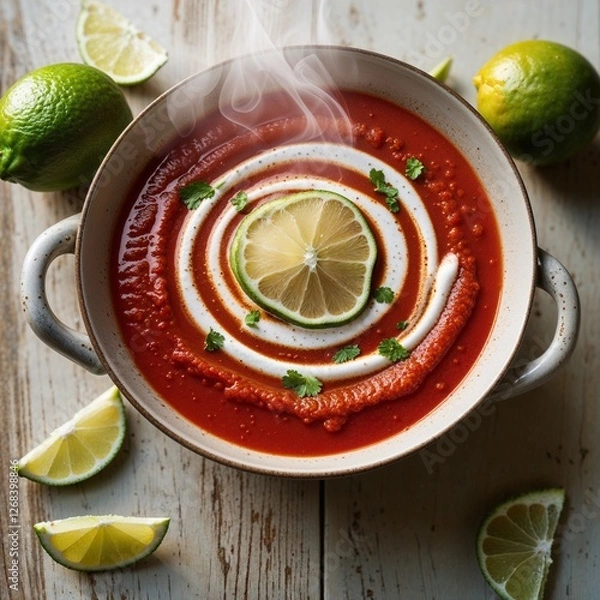 Obraz A Refreshing Bowl of Chilled Gazpacho: Garnished with Lime and Cilantro, This Vibrant Tomato Soup Offers a Cool and Flavorful Escape in the Warmth of Bhakkar.


Sources and related content
