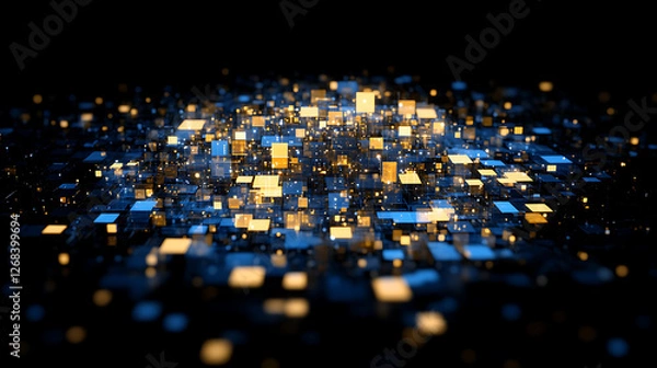 Fototapeta Glowing Blocks Floating in Darkness Abstract Light Display with Blue and Yellow Tones Artistically Rendered