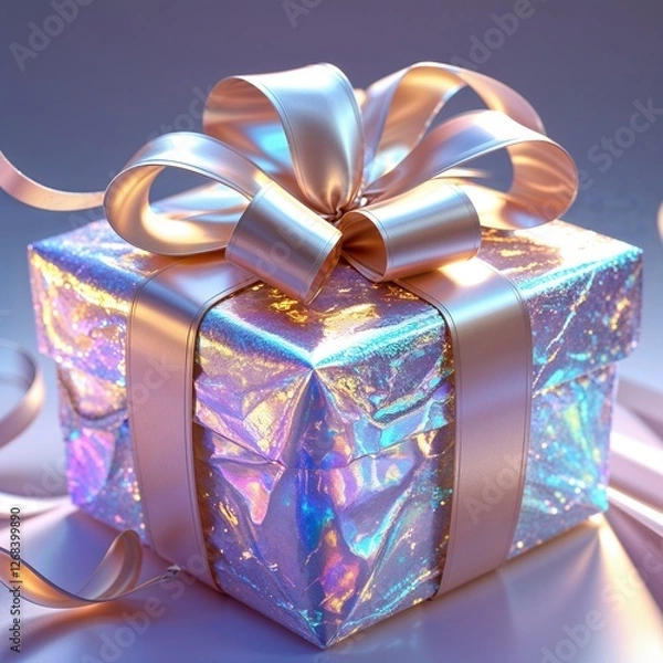 Obraz A Shimmering Holographic Gift Box with a Soft Pink Bow: Its Iridescent Surface Reflects a Spectrum of Colors, Hinting at a Magical Surprise Inside, Perhaps a Cherished Gift in Bhakkar.