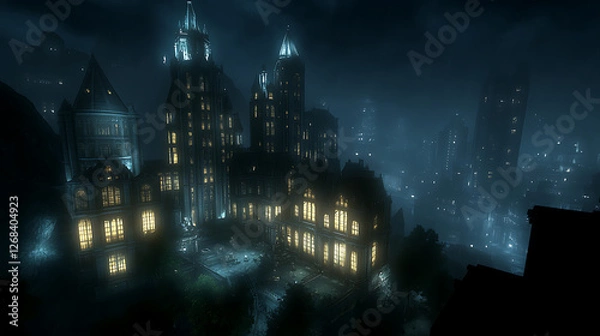Obraz Gotham City Architectural Majesty Under a Dark Sky and Soft Illumination Creating a Noir Aesthetic