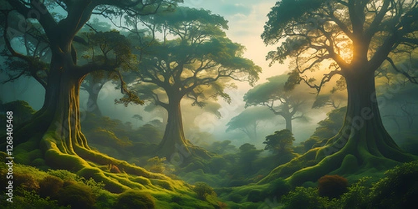 Fototapeta A breathtakingly beautiful nature background featuring a majestic, serene, and intriguing scene that exudes tranquility, with lush greenery, towering trees, created by generative ai