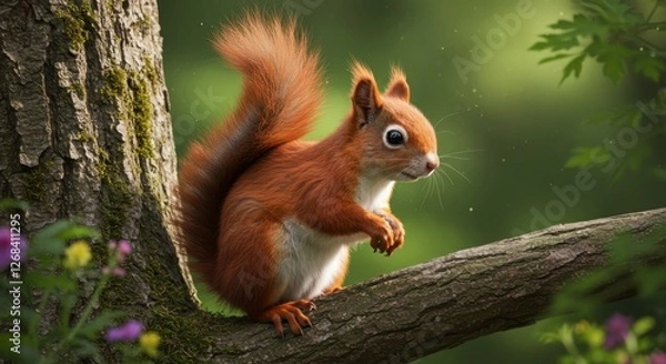 Fototapeta Red squirrel perched on a tree branch amidst lush green foliage