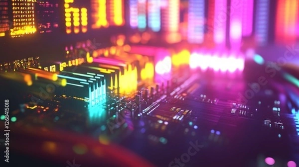 Fototapeta Neon Circuit Board, Data Stream, Cityscape Background, Tech Poster