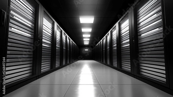 Fototapeta A long corridor of rows of servers in a data center, symbolizing the vast scale and power of cloud computing technology, highlighting the modern infrastructure supporting digital services