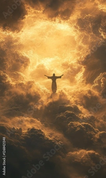 Fototapeta A Celestial Being Silhouetted Amidst Ethereal Cloudscapes of Golden Hues and Divine Light