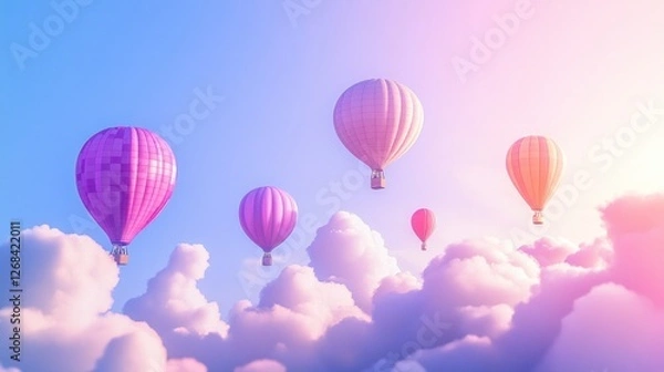 Obraz Colorful hot air balloons soar above fluffy clouds at sunrise; idyllic travel background