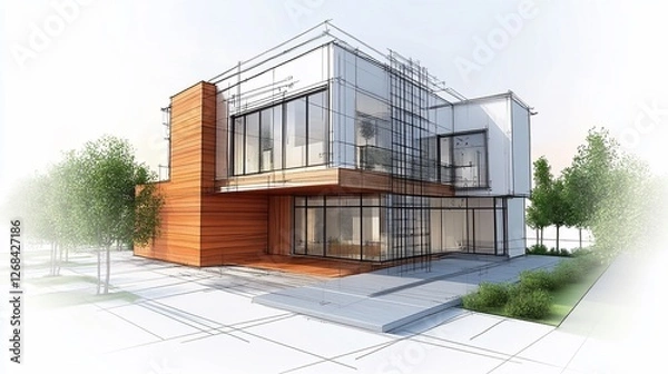 Fototapeta Modern house architectural design rendering.