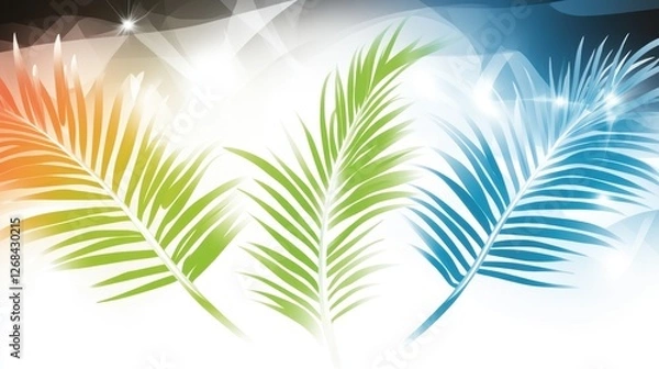 Fototapeta Abstract design featuring colorful palm leaves against a light background.