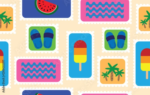 Fototapeta Summer pattern seamless fabric summer season. beach elements on stamp frames on yellow. Designed for background ,wallpaper ,summer pattern ,wrapping paper ,travel ,holiday ,weekend ,vacation ,trip