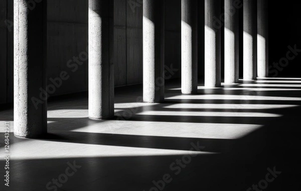 Fototapeta Abstract architectural background with concrete columns and light shadows on the floor. The concept of modern design, construction, engineering, or industrial architecture