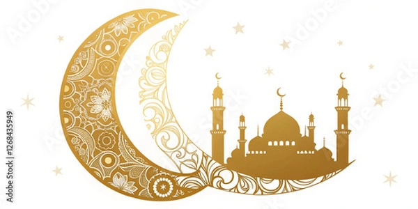 Fototapeta Ornate golden crescent moon with an intricate mosque design – a beautiful Ramadan Mubarak greeting card with a festive touch