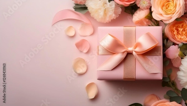 Fototapeta Pastel Pink Gift Box with Peach Ribbon on Flowers Background. Top View of Mother Day Gifts with Copy Space