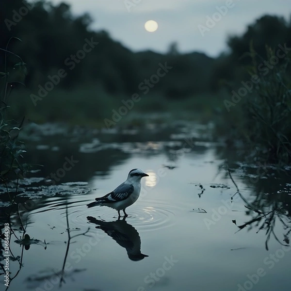 Obraz The image captures a bird standing in a tranquil pond with rippling water, its reflection mirrored in the still surface, under a dimming sky with a full moon.
