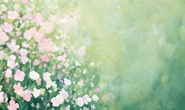 Fototapeta aerial view of a lush green meadow dotted with tiny, vibrant flowers in soft pastel shades of pink, lavender, and white, Generative AI