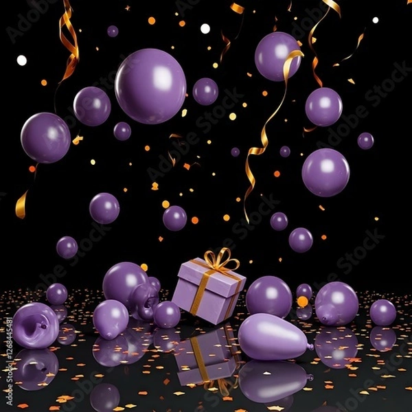 Fototapeta The image features a festive scene with a gift box on a black surface surrounded by numerous purple balloons, some of which are deflating, and confetti falling around them.