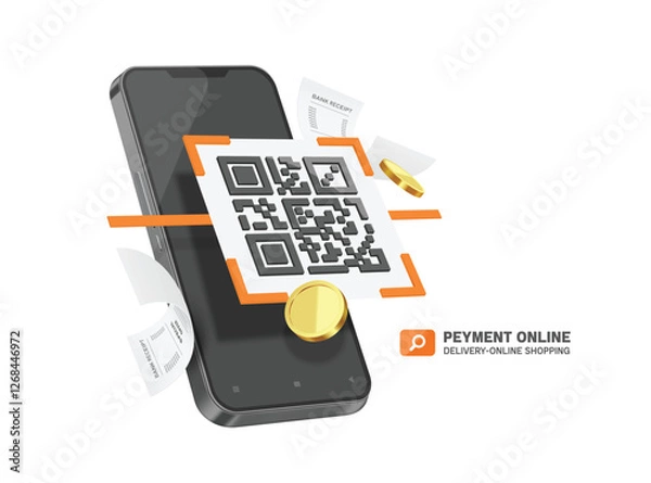Fototapeta Money or gold coins and a receipt or invoice paper come out of smartphone after customer scan QR code to pay for services online, vector 3d illustration isolated for Payment via online wallet design