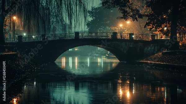 Obraz Mystical Foggy Night Scene with Bridge Reflection in Calm Water