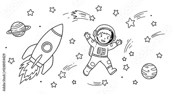 Fototapeta Space Adventure Coloring Page - Cute Astronaut, Rocket, and Planets in Doodle Style