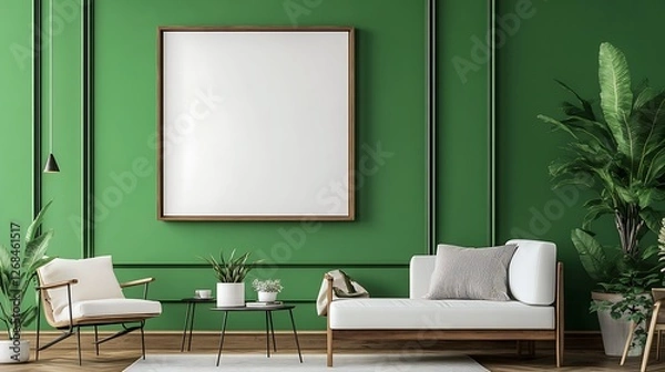 Obraz Green wall interior design with sofa, chairs, plants, and blank canvas.