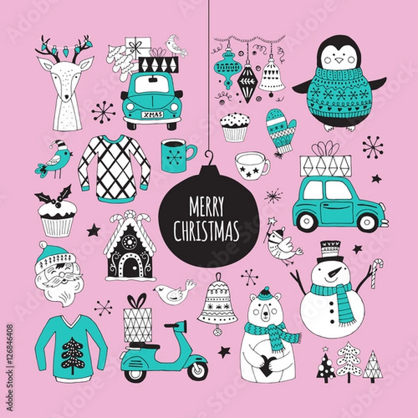 Obraz Christmas holiday cute hand drawing elements and stickers for gr