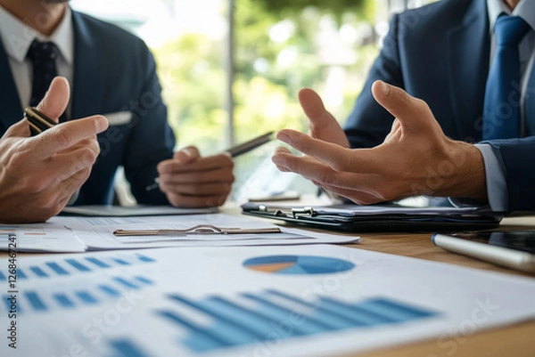 Fototapeta Business professionals discussing financial strategy in a corporate meeting with documents and charts on the table