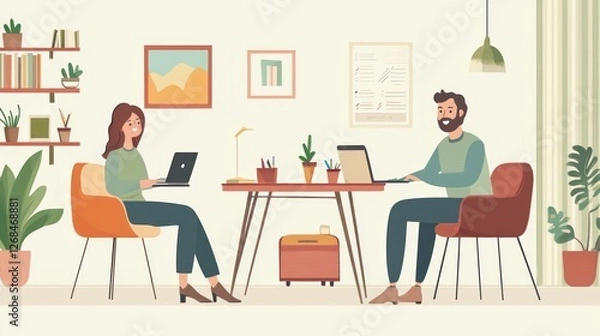 Fototapeta A scene of a couple balancing their work-from-home tasks while enjoying each otherâ€™s company.