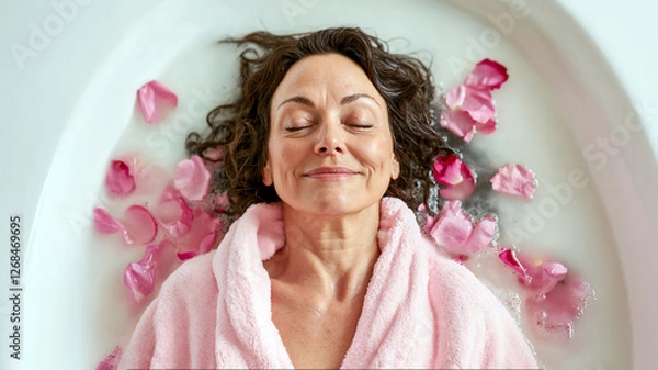 Fototapeta portrait of a middle-aged woman enjoying a soak with rose petals as part of her spa self-care routine, wearing a light pink robe, smiling with a relaxed expression