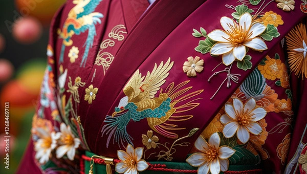 Obraz Traditional Japanese Kimono with Rich Floral Embroidery and Elegant Crane Motif in Deep Red Fabric