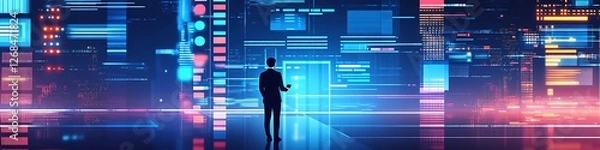 Fototapeta Man Observes a Vast Digital Data Landscape