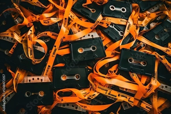 Fototapeta Retro audio cassette tapes with tangled orange magnetic tape. Vintage music storage format nostalgia. Analog technology background with copy space