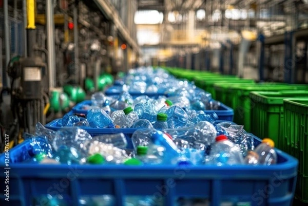 Fototapeta Recycling Plant: Rows of Plastic Bottles Await Reprocessing