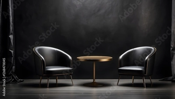 Fototapeta two chairs with round table banner with empty space, black luxury background, holiday banner poster background for advertisement ads