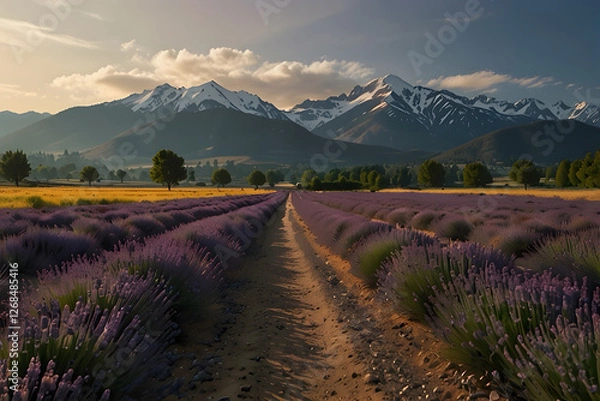 Fototapeta detailed and 4K resolution image of a highway road through lavender fields with a mountain view,Amazing landscape view