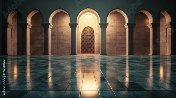 Fototapeta Mosque courtyard with glowing Shahada patterns on tiles, spiritual devotion, 3D illustration