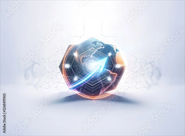 Fototapeta Futuristic globe with an upward arrow symbolizes worldwide growth and technological advancement on a clean white network backdrop.